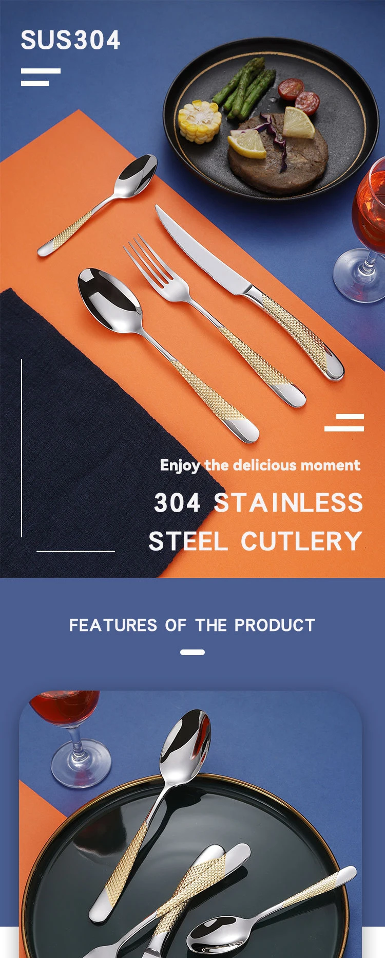 Customizable Logo Stainless Steel Cutlery Set Flatware Black Gold