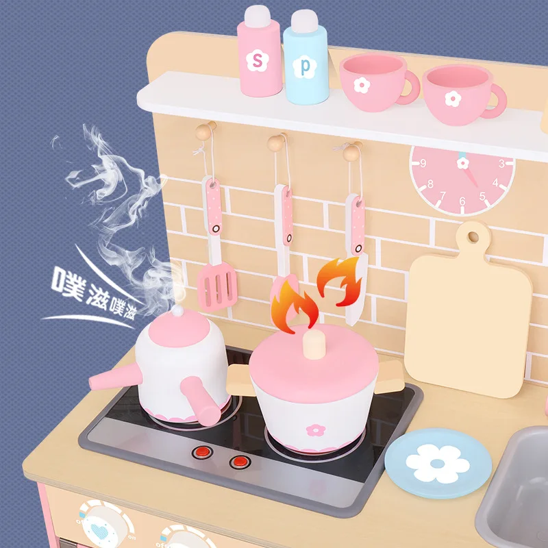 2021 счастливая деревянная кухонная мебель, игрушки для готовки, большой кухонный набор, игрушки для девочек, ролевые игры
