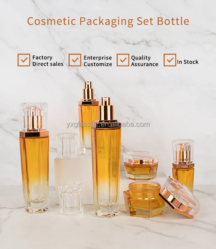 New design Cosmetic glass bottle set Hexagon skincare cosmetic packaging customization glass container details