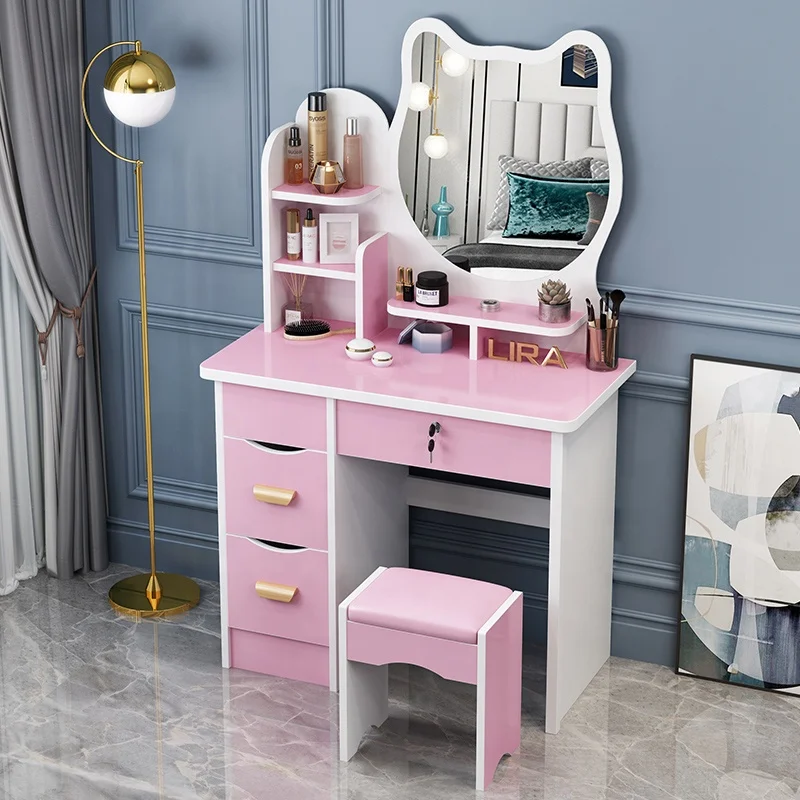 pink dresser mirror AGOTENI Makeup Vanity Set Desk with 5 Drawer and Light Shelf Round with Touch Screen and Vanity Set with Cushioned Stool for Bedroom, : Home & Kitchen 4 spacious drawers RoyalCraft 59" Makeup Vanity Desk,