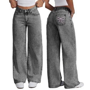 High Waist Straight Leg Denim Pants for Women with Bow Embroidery Loose Fit Casual Breathable Jeans Trousers