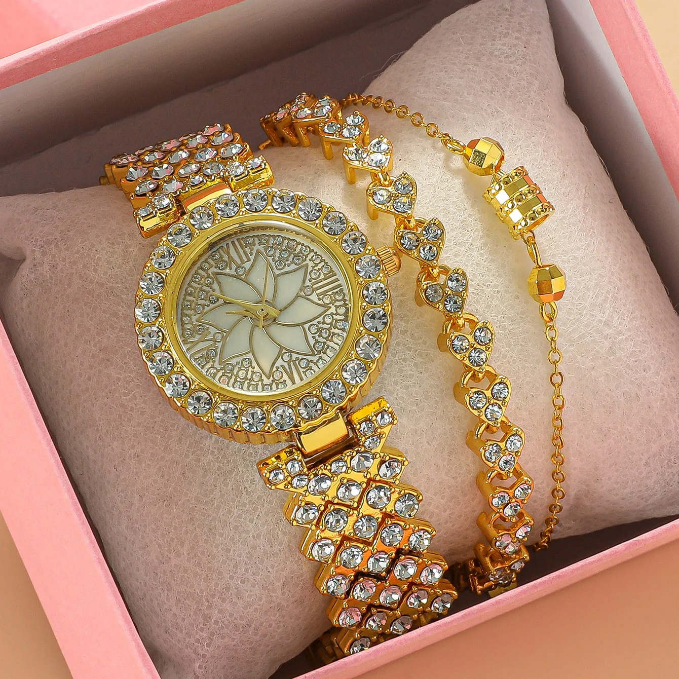 Fashion Girl Watch Gift Set Gold Ladies Watch Set Starry Sky Bling Hip Hop  Diamond Women Watch and Bracelet Set