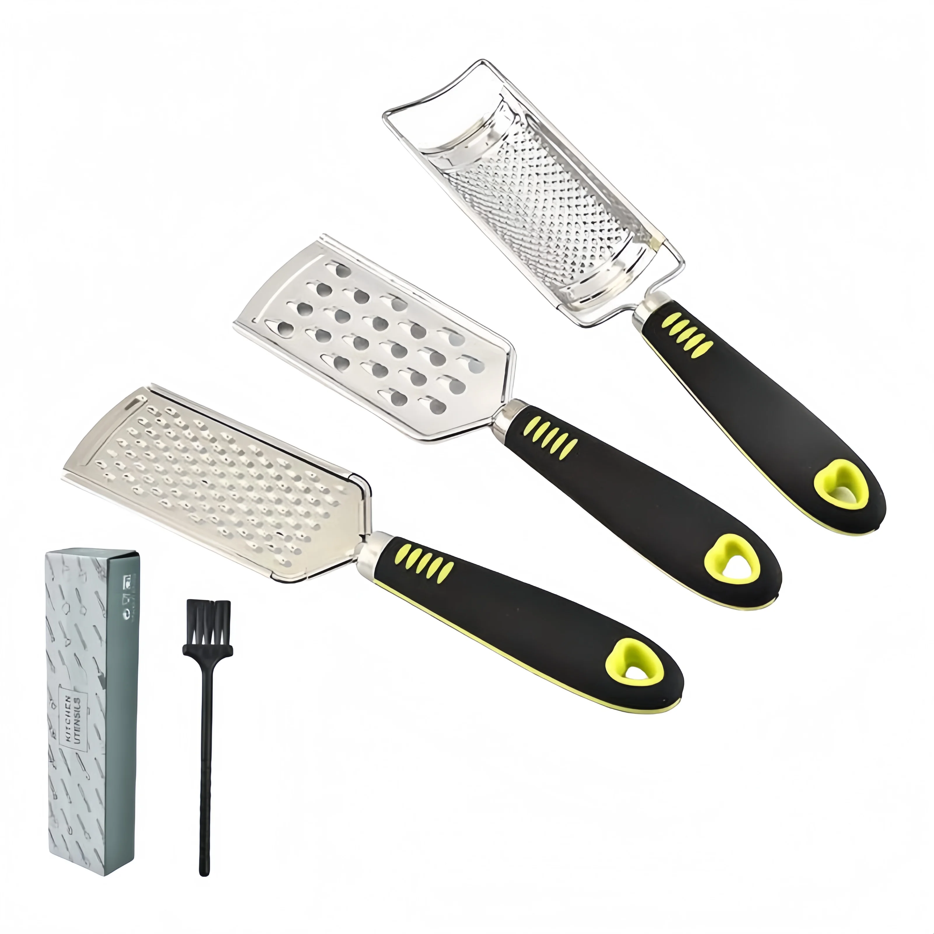 Set di 3 grattugia da cucina in acciaio inox, grattugia per formaggio, grattugia per limone, con spazzola per frutta e verdura, arancia, zenzero, agrumi