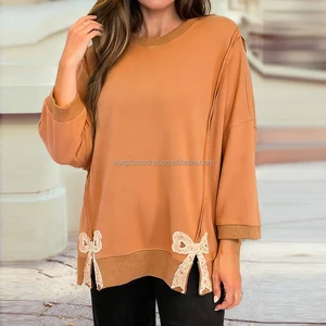 Women Cute Lace Bow Side Slit Sweatshirt Caramel Oversized Crew Neck Long Sleeve Pullover Top with Exposed Seams