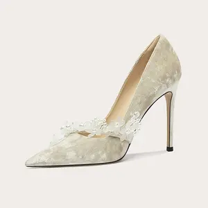 Silk White Flower Embellished Bridal Shoes Thin Heels Breathable Slip-On Design for Ladies for Spring Summer Winter