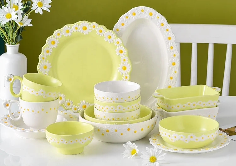 Hot Sale Small Daisy Embossed Ceramic Platter Dish Household Breakfast Flat Plates Fruit Cake Dessert Plate