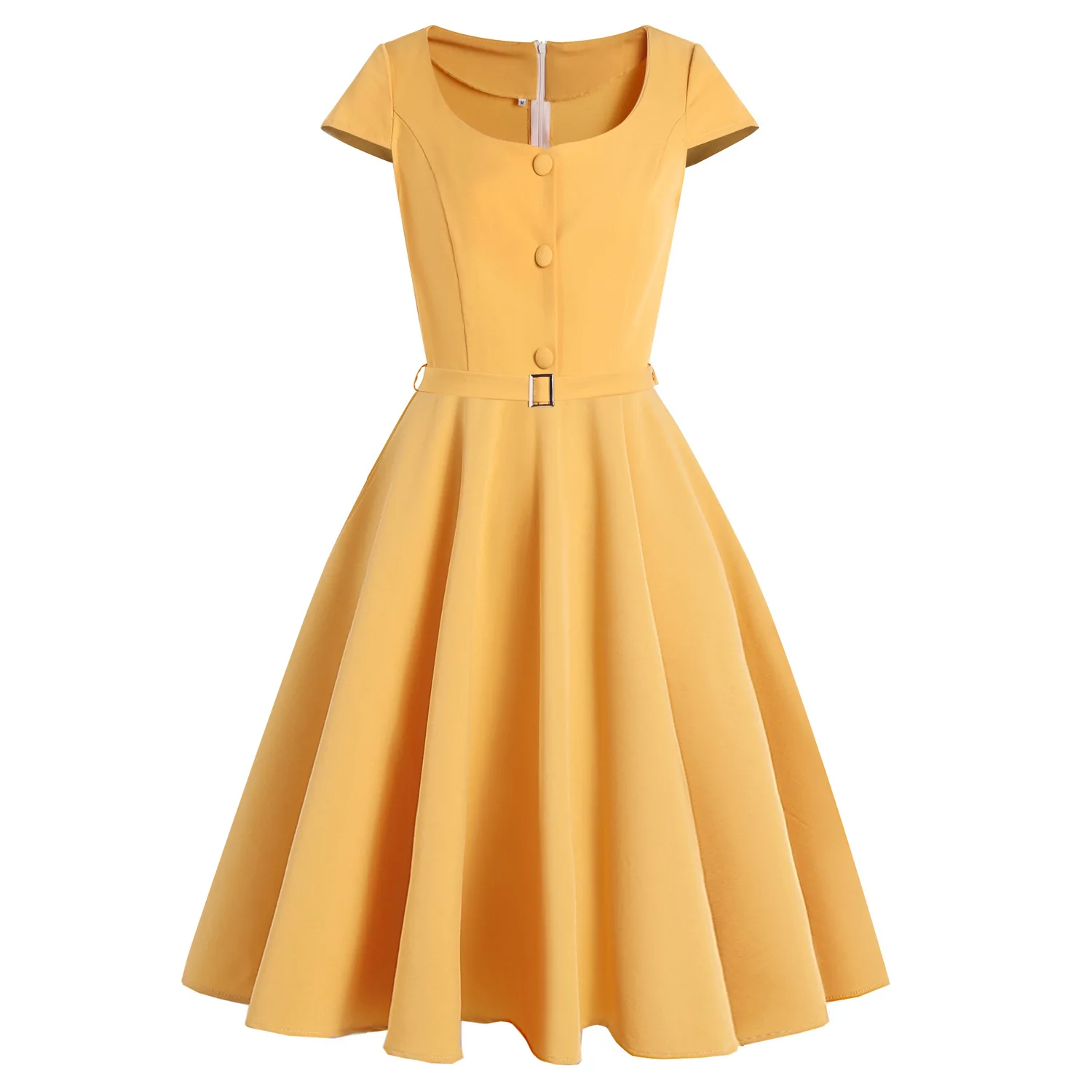 Short Sleeve Solid Color Yellow Dress 2021 Hepburn Swing Retro Vintage Party Summer Dress with Belt Short Sleeve Solid Color Yellow Dress 2021 Hepburn Swing Retro Vintage Party Summer Dress with Belt