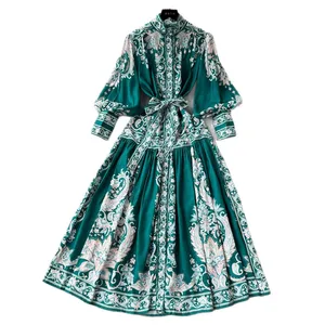 New Ethnic Stylish Long Sleeve Stand Collar Print Muslim Dress Women Vintage Dresses Clothing