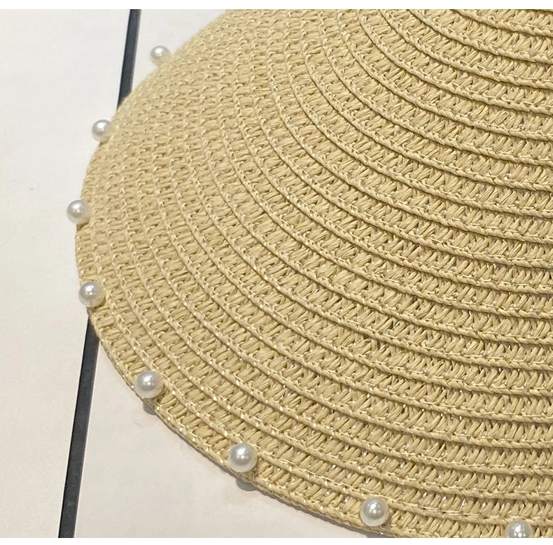 Custom Fashion Pearl Straw Hat Women's Summer Travel Vacation Empty Top Cap Sunscreen Sunshade Sun Visor Hat