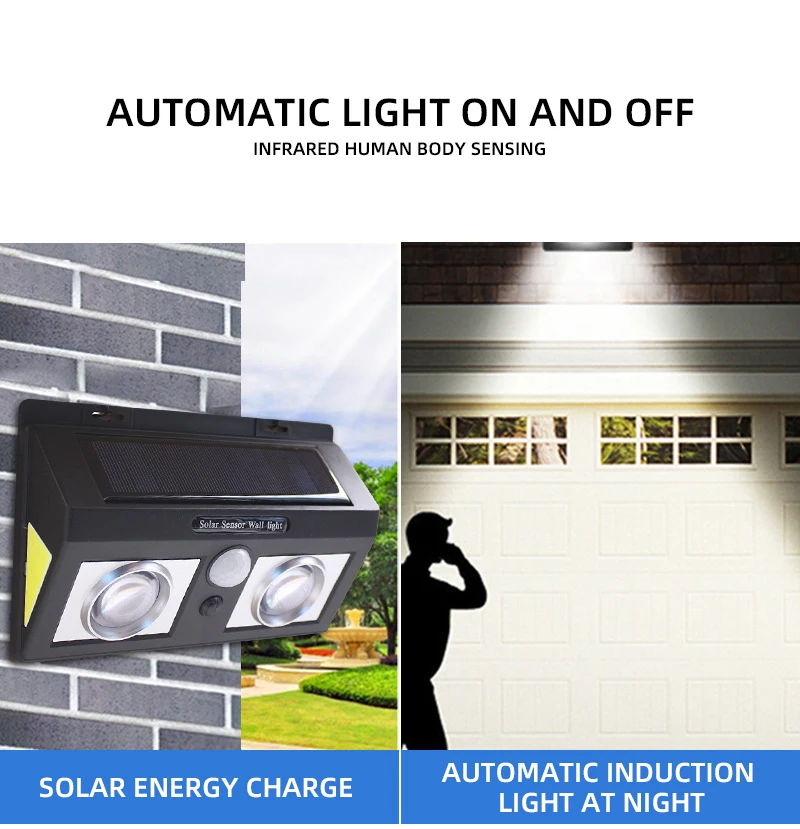 High Lumen Solar Outdoor Light 3 Sides COB Motion Sensor Wall Light Waterproof Solar Rechargeable Garden LED Light details