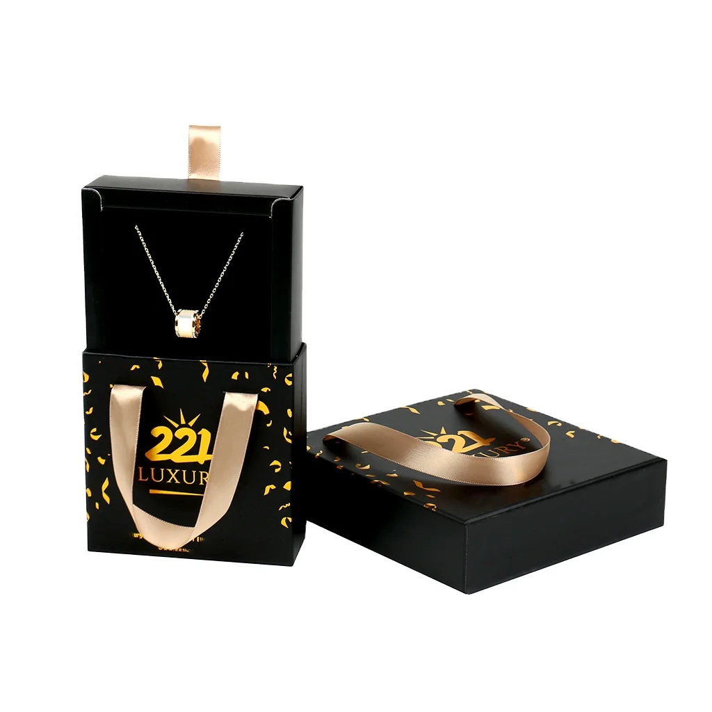 Custom Black Drawer Cardboard Paper Boxes with Ribbon Handle Logo Hot Stamping Printing for Jewelry Packaging and Gift Giving