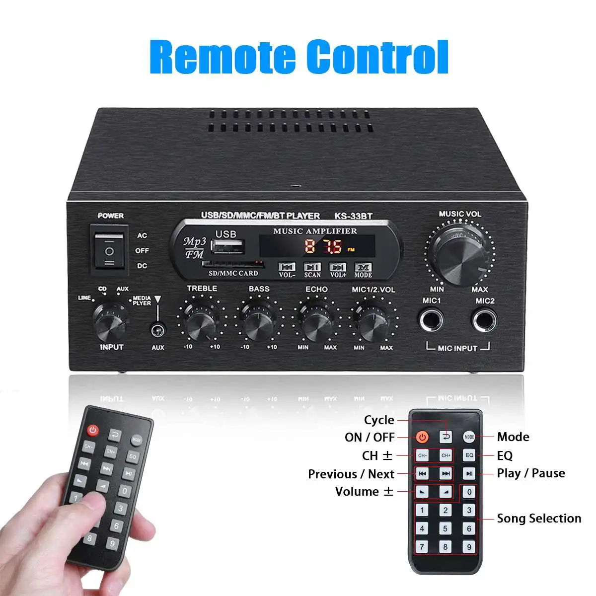 KS-33BT HiFi Digital Amplifier - BT Stereo Amp with USB, AUX, FM