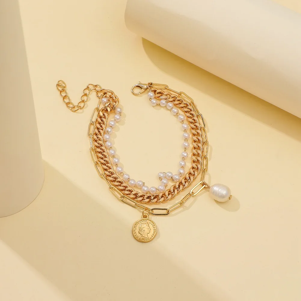New Bohemia Round Imitation Pearl Coin Pendant Bracelet Bangle Women Punk Carved Coin Letter Thick Chain Bracelets New Year Gift