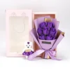 Pink card box with 7 roses bouquet Deep purple