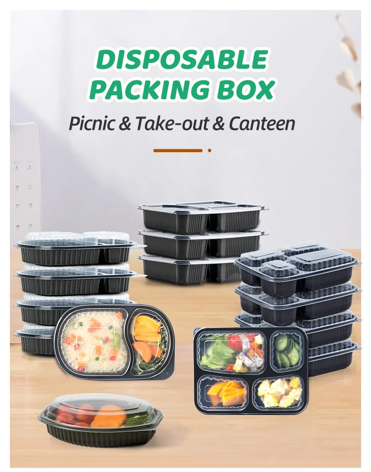Disposable 3 Compartment Lunch Take Away Box Pack Container Black