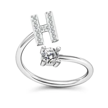 Cincin Hypoallergenic Minimalist Woman Jewelry Capital Letter Initial Ring White Gold Plated Shiny Rhinestone Diamond Rings