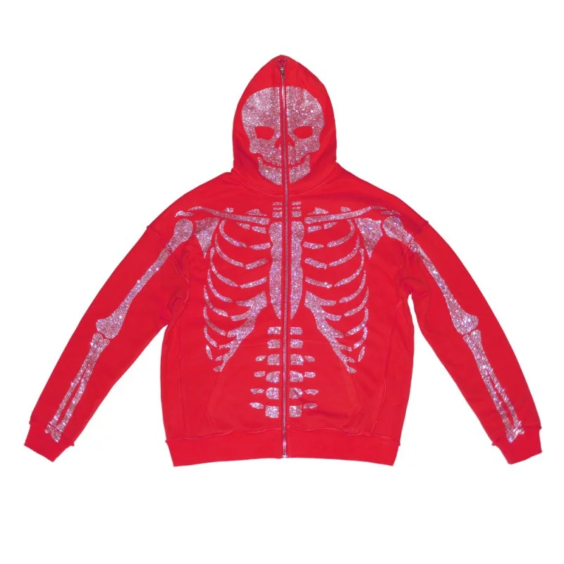 Fast Delivery Transfers Rhinestone Skeleton Custom Full Face Zip up Hoodie for Men