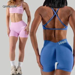 Women's High Quality Yoga Fitness Set Plus Size Seamless Pleats Bra with Front Logo Solid Pattern Shorts Breathable Feature