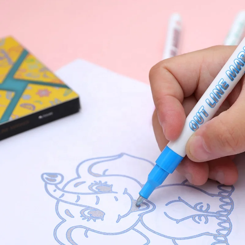 Customized 8 Colors Out Line Marker Drawing Writing Double Line Metallic Marker Pen Writing Painting Outline Marker