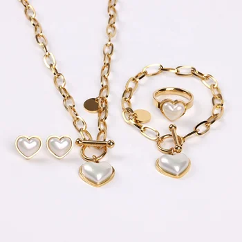 FACEINS Wholesale Elegant Jewelry 18k Gold Plated Pearl Set Jewelry For Wedding Pearl Love Heart Stainless Steel Jewelry Sets
