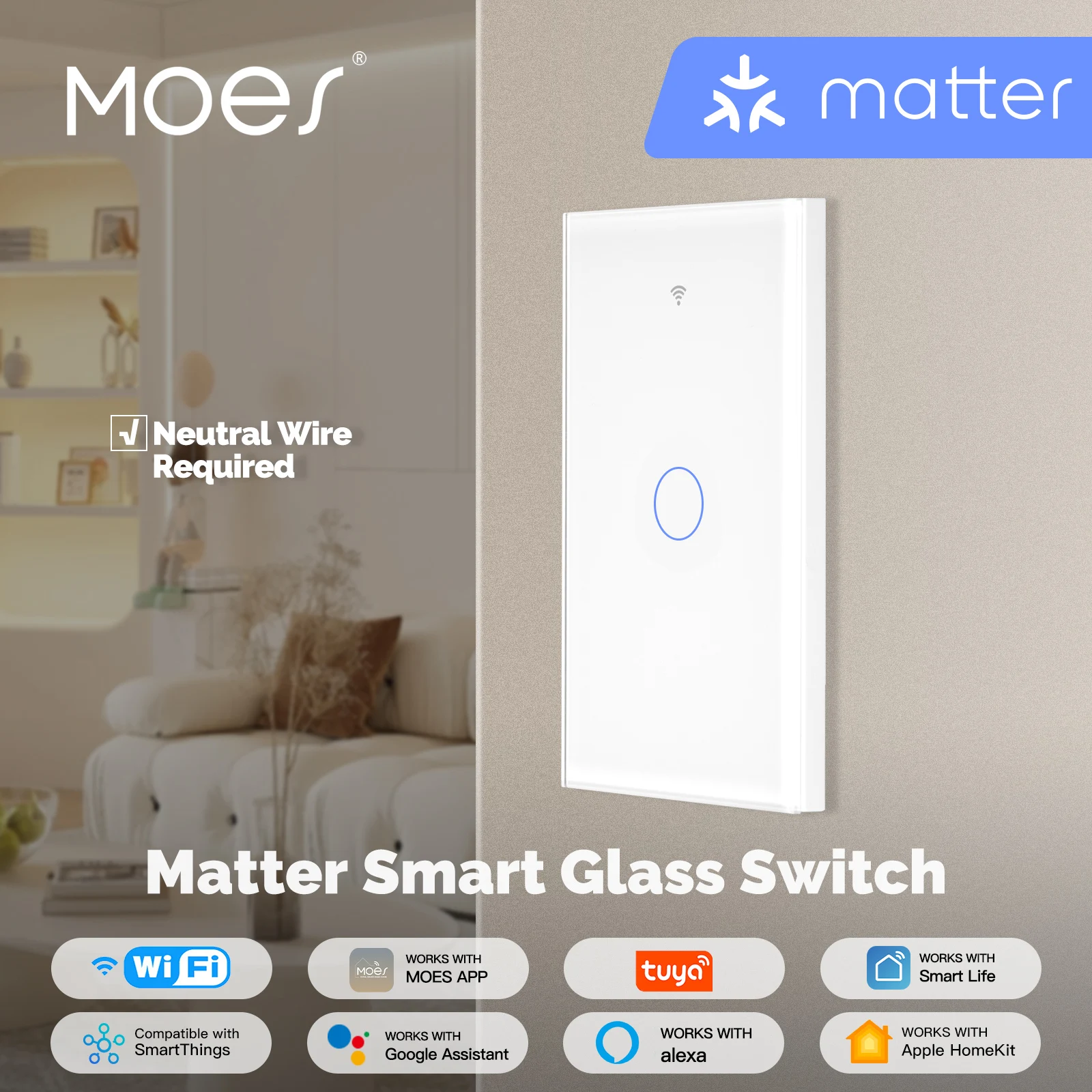 MOES Tuya Matter WiFiスマートライトスイッチガラスタッチ 