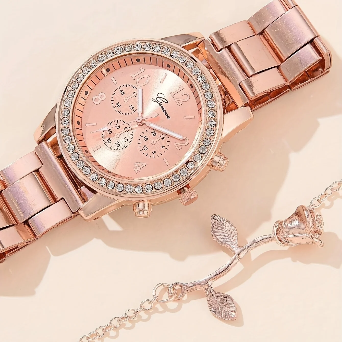 Luxury Rose Gold Mechanical Quartz Watch & 1pc Rose Flower