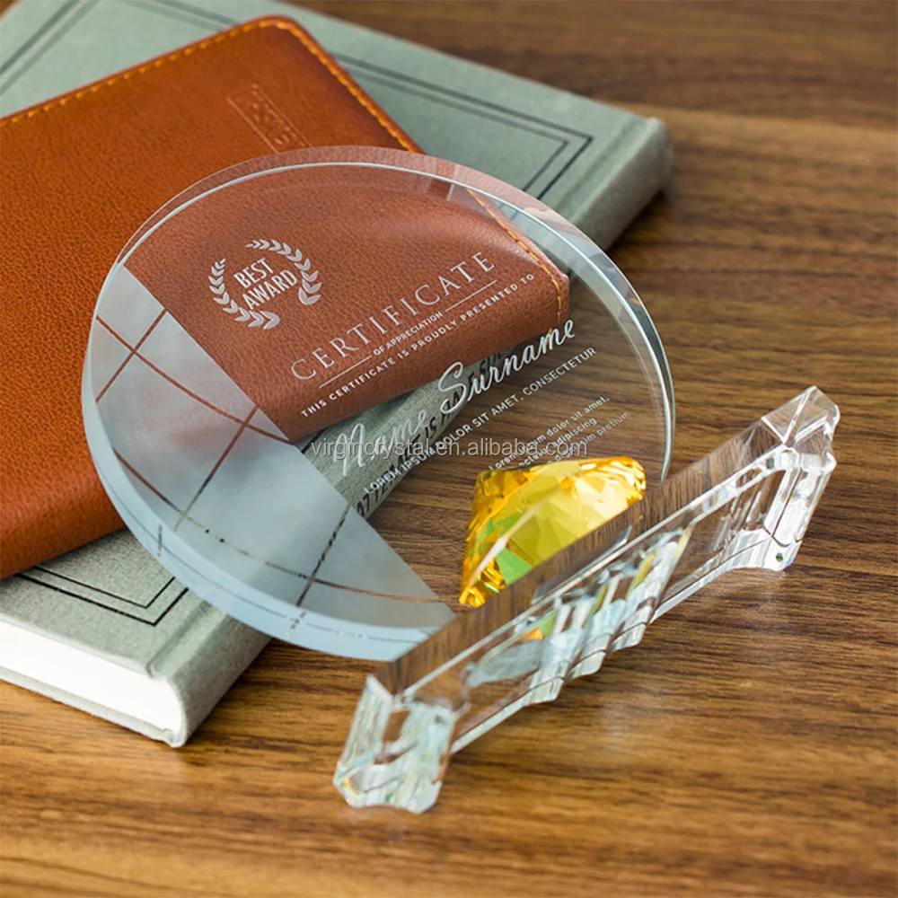 Pujiang Factory Hot Sale K9 Glass Laser Engraving Custom Blank Round Plaque Crystal Trophy Awards Business Events