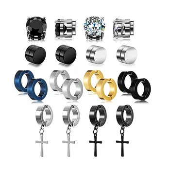 Luxury Magnet Stainless Steel Black CZ Non Piercing Cross Dangle Hoop Ring Set Clip on Magnetic Stud Earrings for Men Women