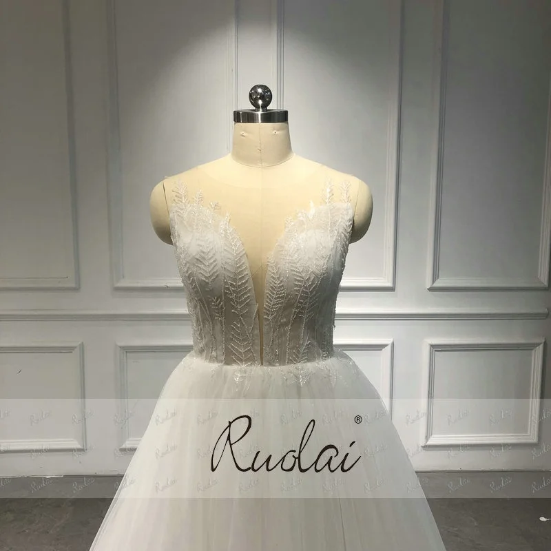 QW01157 Simple Illusion Scoop Neck Beading Lace Wedding Dress Ruffles A-Line Bride Gowns