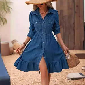 Women's Casual Vintage Medium Wash 2025 Vacation Flowy Midi Denim Dress Long Puff Sleeve Button A-Line Ruffle