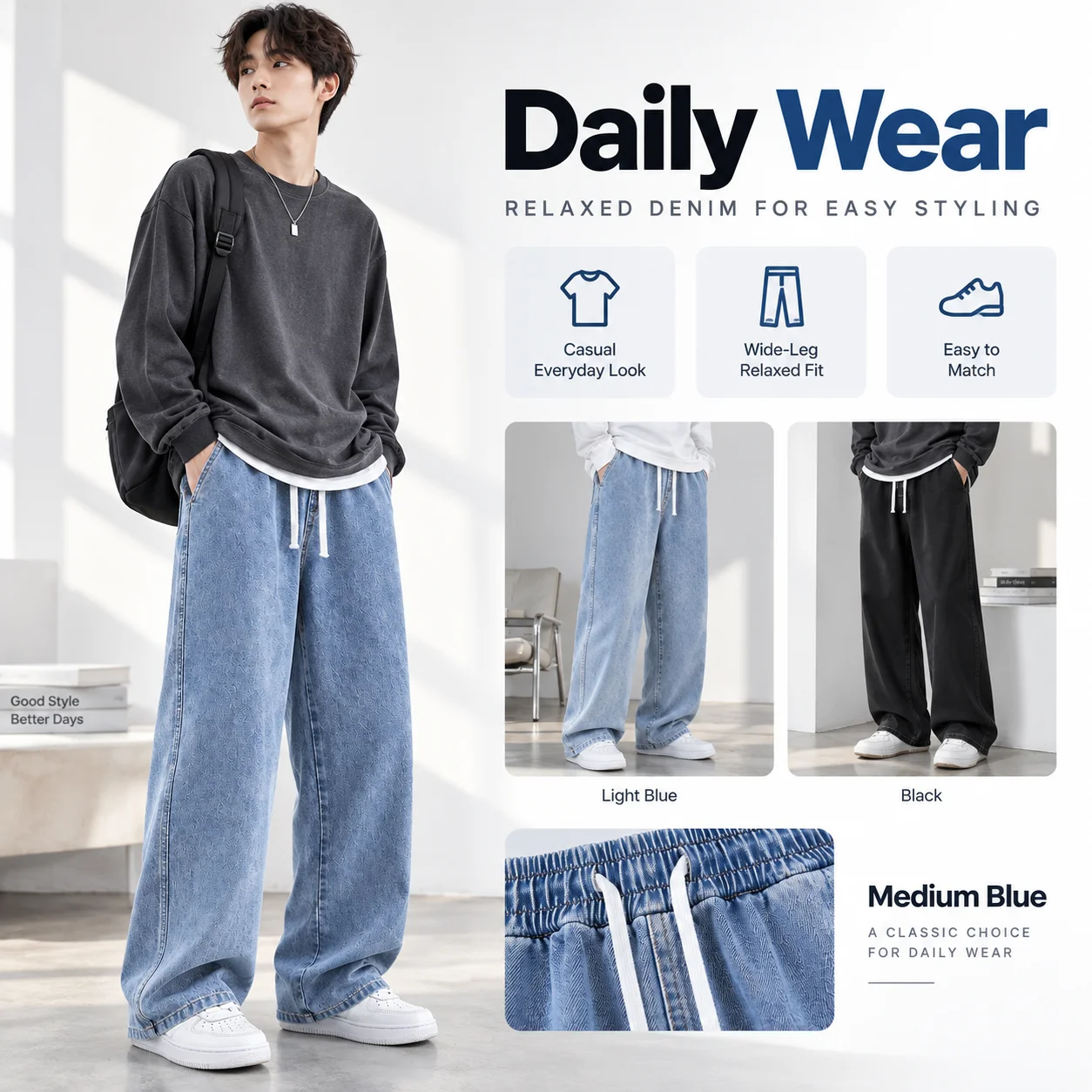 Spring Gray Jeans Loose Straight-leg Japanese Style Plus-size Men's Trendy Harem Low Waist Drawstring Closure Washed Fashion