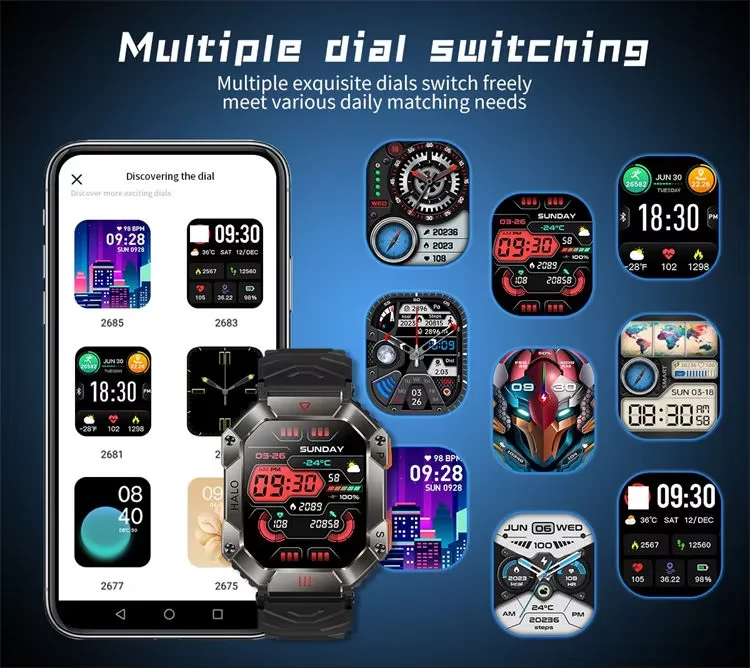 Smart Watch KR80 Men Outdoor Sports Fitness Tracker BT Call Music 2inch Screen Compass 650mAh Large Battery Smartwatch