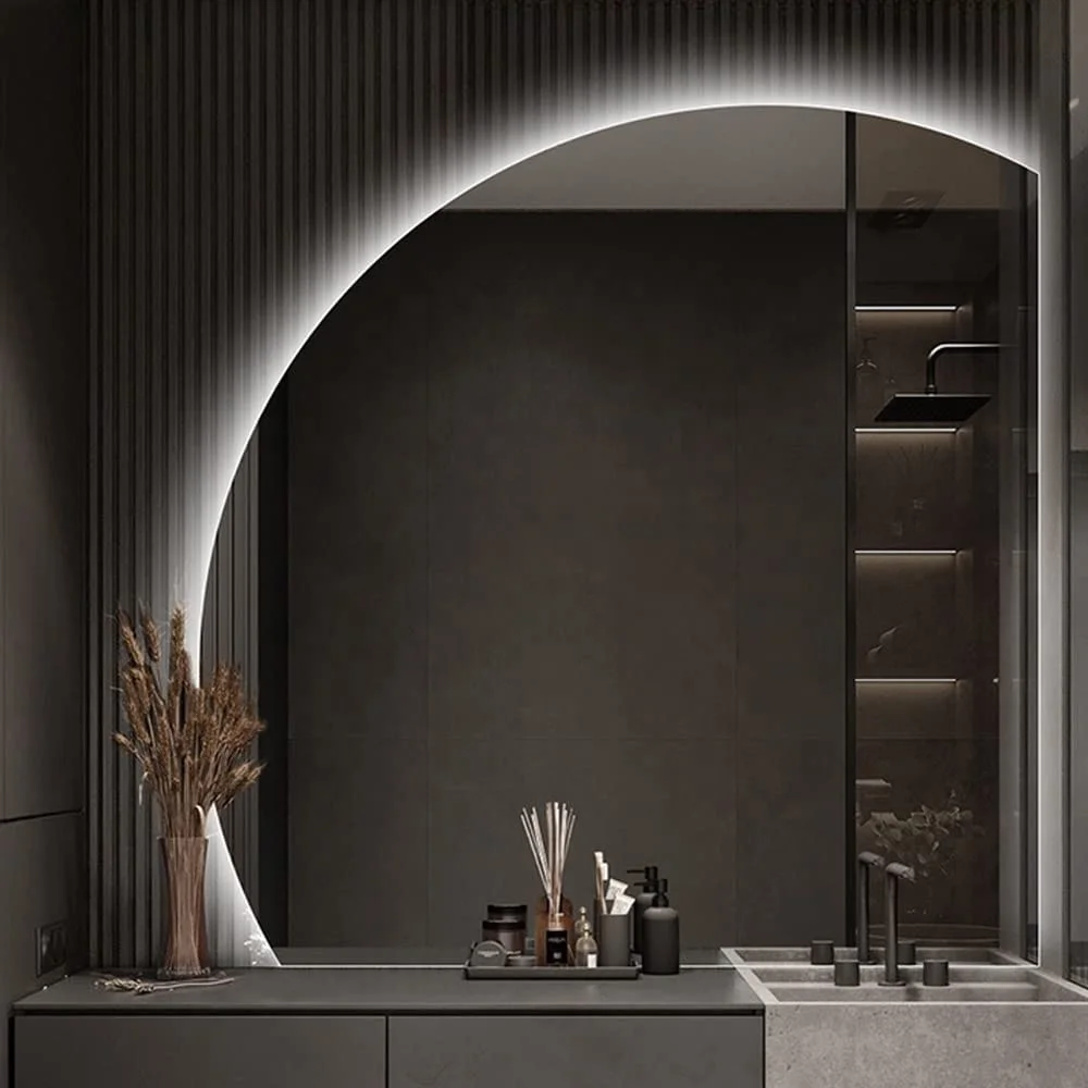 New Designs Modern Decorative Wall Irregular Half Circle Led Light Touch Sensor Switch Mirror for Bathroom
