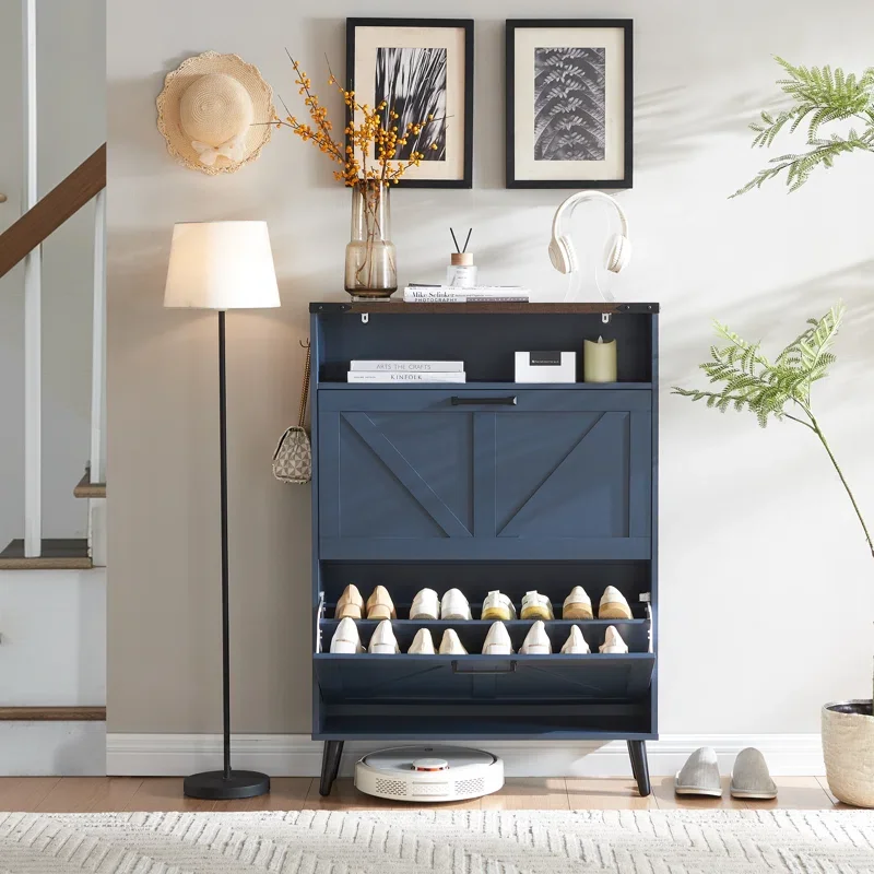 Shoe Cabinet Storage for Entryway,2 Flip Drawers,2 Tier Blue Shoe Cabinet Freestanding Wood Shoe Rack for Entryway