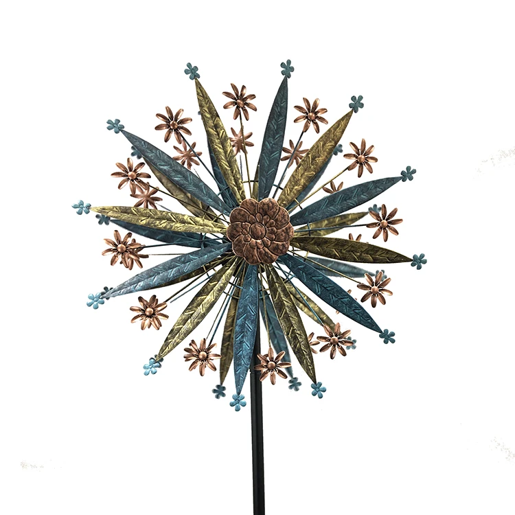 Yellow Flower Wind Spinner Dual Spiral Wind Spinner for Outside Ornamental Metal Windmill