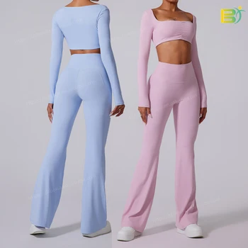 Wholesale 2 Pieces Women's Sets Gym Legging Long Sleeve Crop Top Yoga Suit For Women Gym Fitness Sets