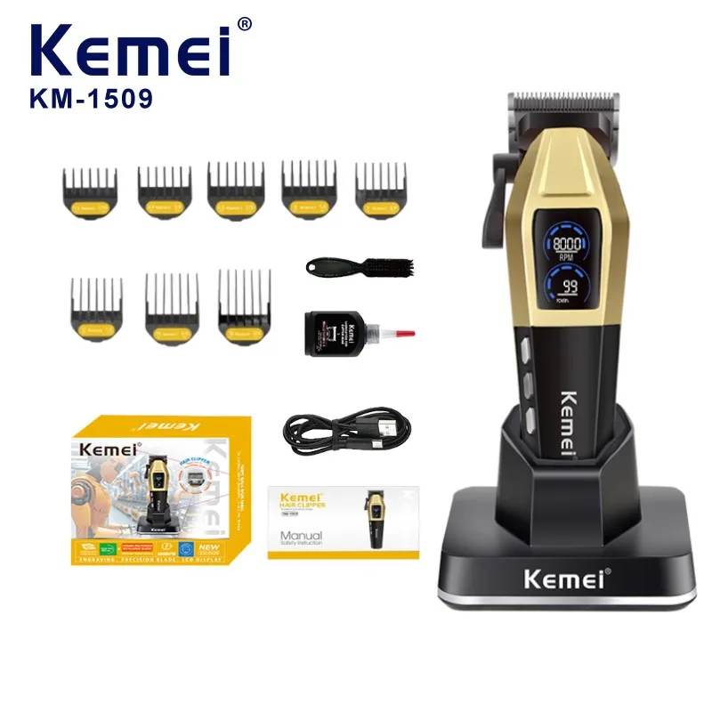 KEMEI KM-1509, tondeuse à cheveux professionnelle pour hommes en salon, batterie de 4500 mAh, moteur à 8000 tr/min, réglage de vitesse sur cinq niveaux, lame revêtue DLC, recharge USB, station de charge, tondeuse à cheveux certifiée CE