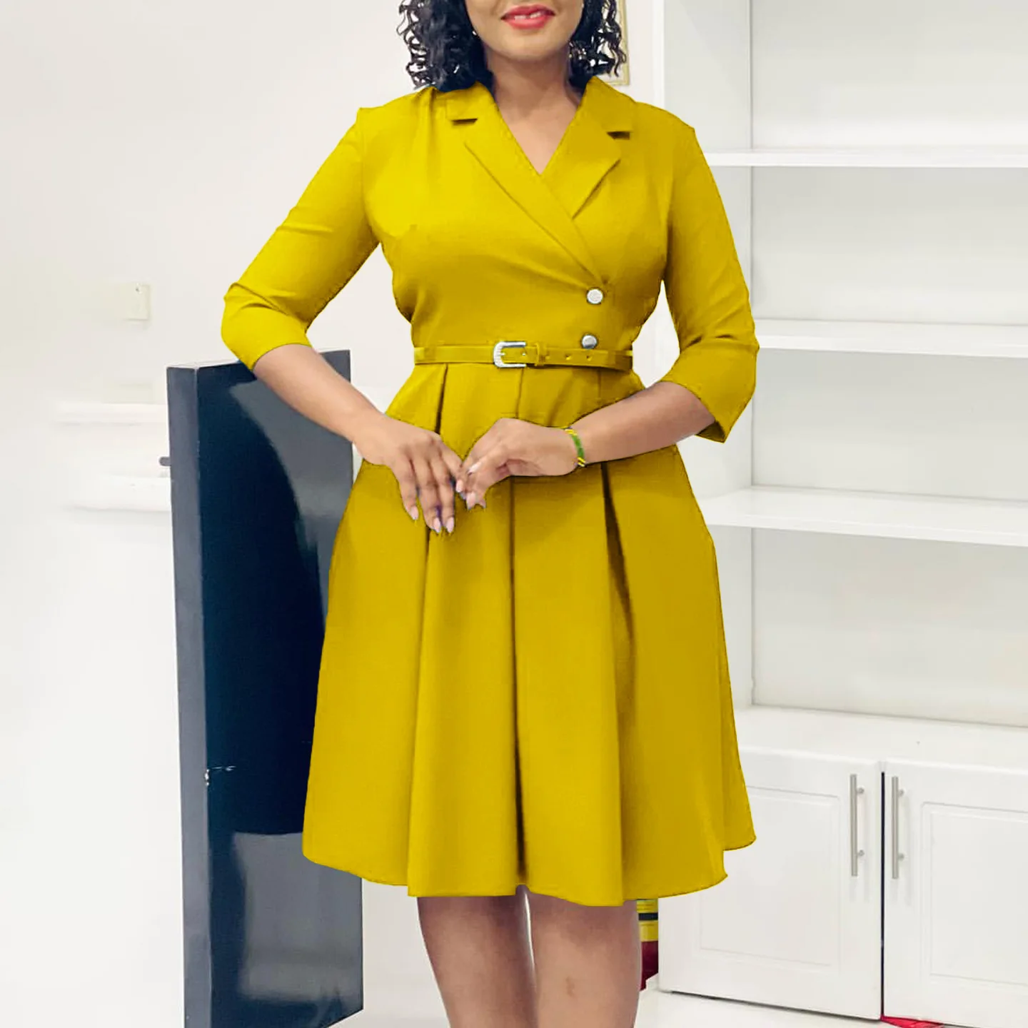 a line suit dress Women's Elegant Dress Solid Suit Collar Three-quarter Sleeve A-line Ladies Office Dress for Women| Alibaba.com