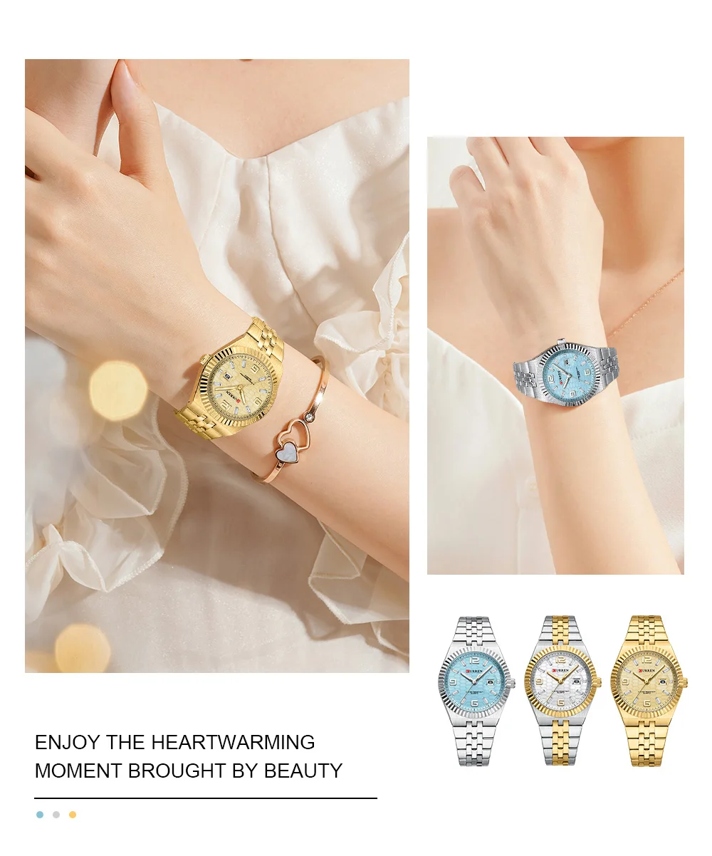 CURREN 8498 Women's Quartz Watches Stainless Steel Band Blue Dial Calendar Date Watch Ladies Water Resistant Luminous Wristwatch