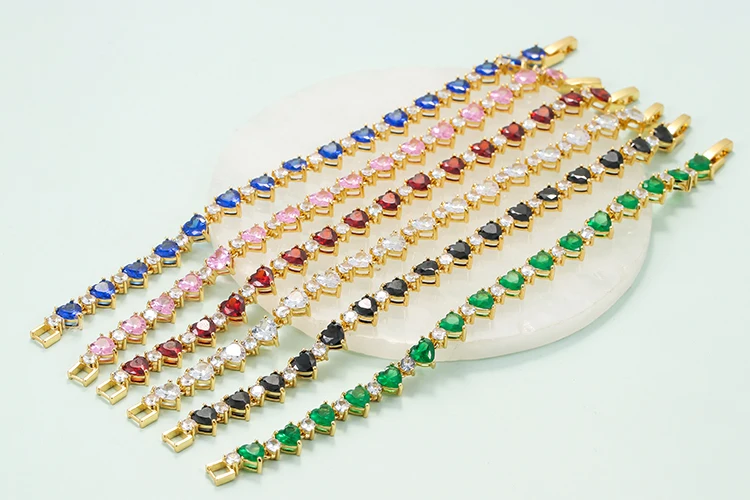 Heart Tennis Bracelet with Pink Ruby, Emerald, and Sapphire CZ Stones