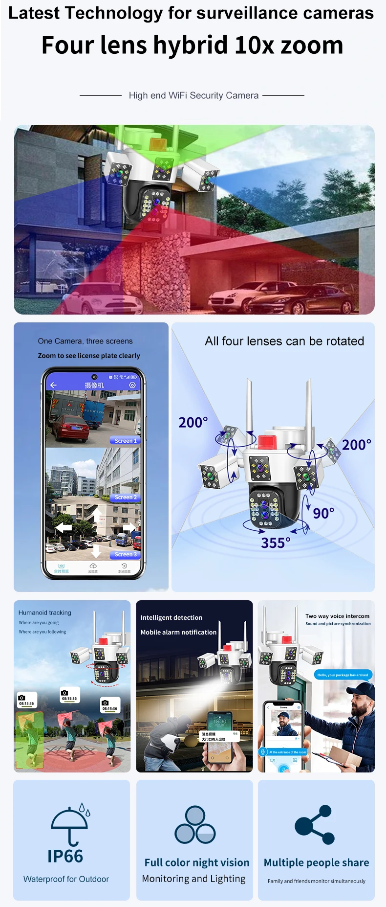 Su geçirmez 8MP dört Lens 10X Zoom İnsan algılama wifi sim dönen CCTV gözetim