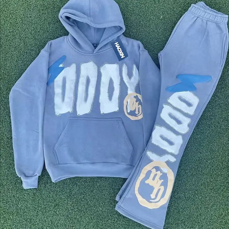 Custom 3D Puff Print Sweatsuits Fleece Tracksuit Set Oversized Cotton Joggers Flared Sweatpants and Hoodie Set Men manufacture