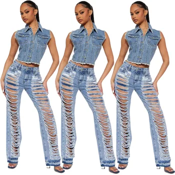 European and American fashion new slim slim sexy micro-stretch holes micro-flared jeans
