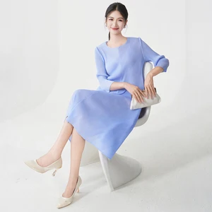 Miyake Pleated Dress Summer Women's Dress Simple Solid Color Fashionable Crew Neck Loose Mid-length Dress