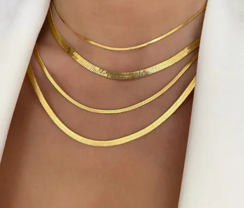 Stainless Steel 18K Gold Snake Chain Layer Necklace Gold Chain Necklaces Herringbone Chain Choker Necklace Flat Snake Gold
