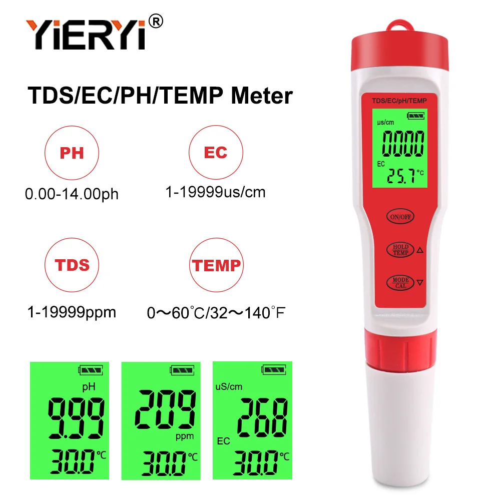 Máy Đo Độ Dẫn Điện PH/TDS/EC/TEMP, 50 Miếng, 4 Trong 1, Có Đèn Nền