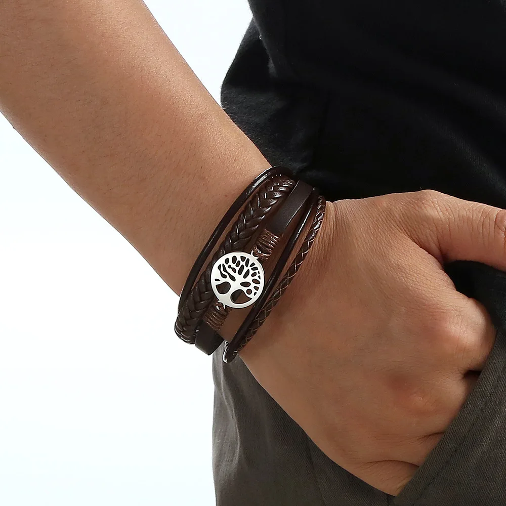 Herren Armband Aus Geflochtenem Leder & Edelstahl – Mehrschichtig, Mit Magnetschließe, 20 Cm Lang