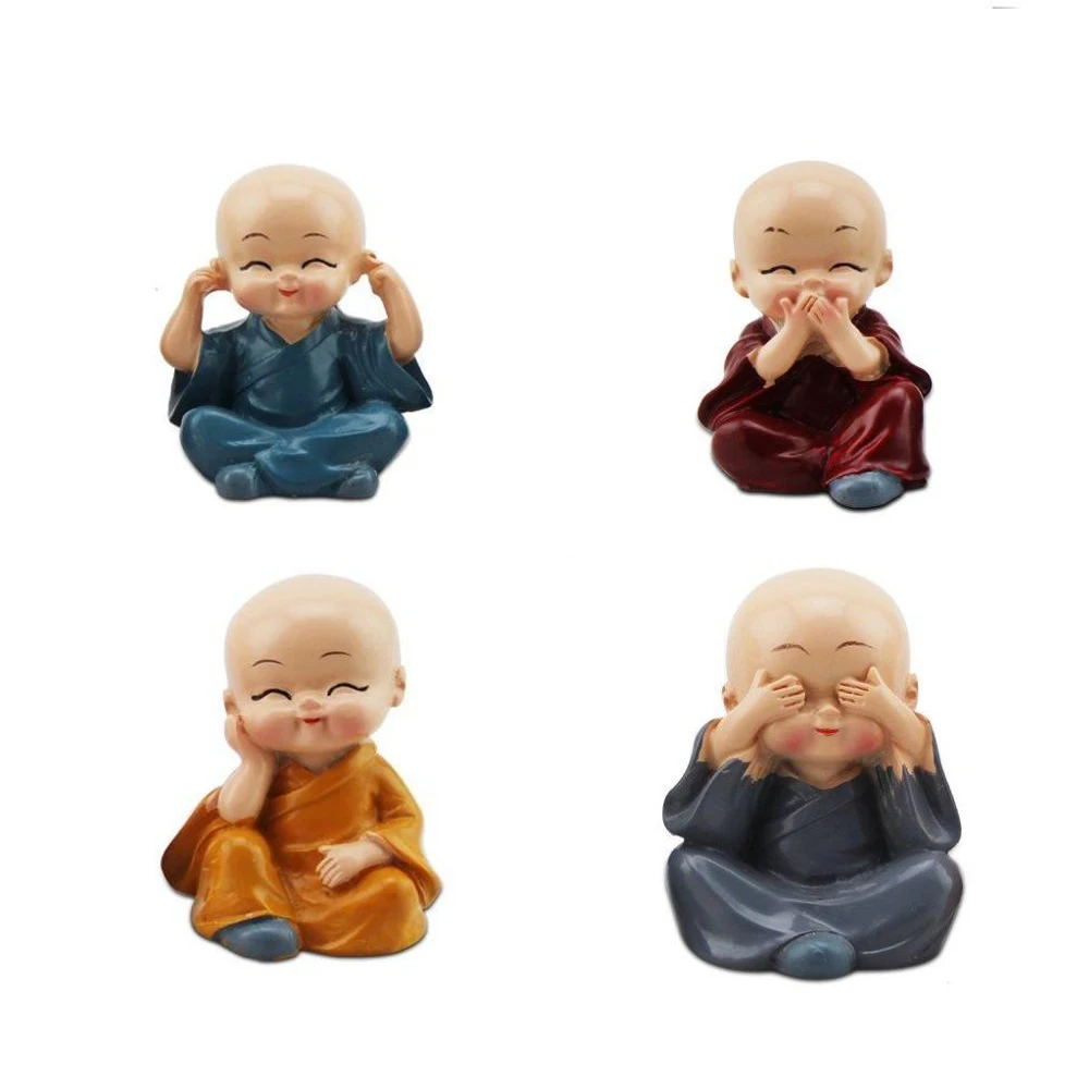 Four Resin Laughing Little China Zen Kung Fu Family Toy Doll Statue Cute Buddha Monk