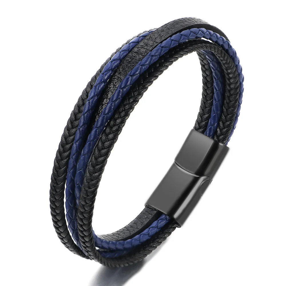 AIZU Braided Leather Bracelet For Men - Black Blue Woven With Stainless Steel Spring Clasp
