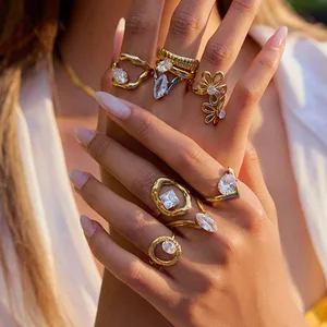 MW 18K Gold-Plated Modern Minimalist Lines Double-layer Hollow Geometric Zircon Adjustable Ring Stainless Steel Zircon Rings